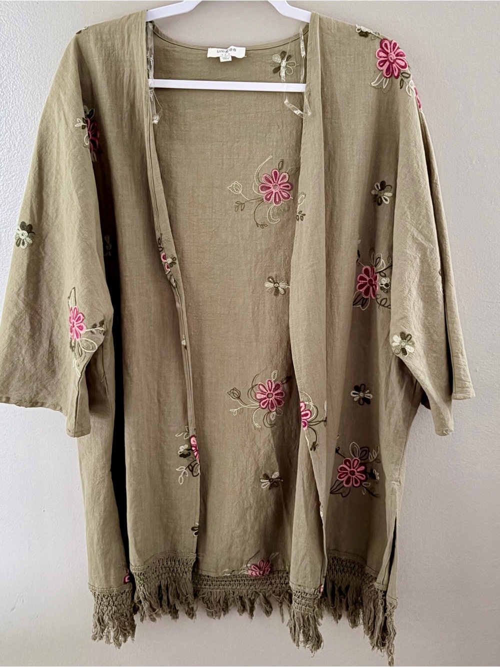 Umgee Floral Embroidered Kimono Cardigan Medium S Sage Green Fringe Open Front